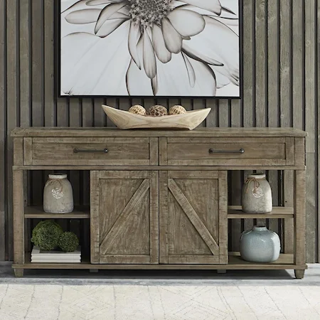 Rustic Sofa Table with 2 Drawers and Sliding Doors